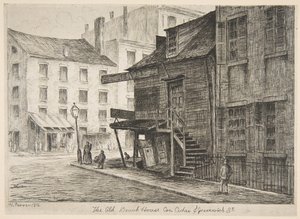 オールドビーチハウス、シーダーとグリニッジストリートの角、オールドニューヨークの風景、1874年。