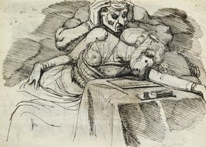 ライティングテーブルで気絶する女性 作： Johann Heinrich Füssli
