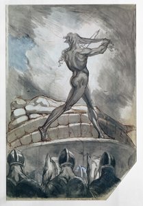 アキレスはパトロクロスのために髪を犠牲にした、1800-5（紙にペンとインクで洗う） 作： Johann Heinrich Füssli