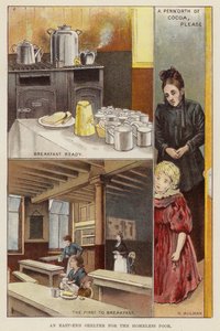 19 世紀後半、ロンドンのイースト エンドにあるホームレスの貧困層のためのシェルター (クロモリソ) 作： Henry Herbert Bulman