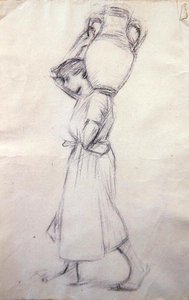 Girl with Jars」のスケッチ（紙に鉛筆） 作： Henry Herbert La Thangue
