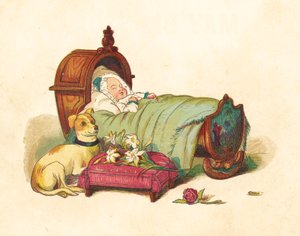 ベビーベッドで眠るヴィクトリア王女（カラーリトグラフ 作： Henry Hetherington Emmerson