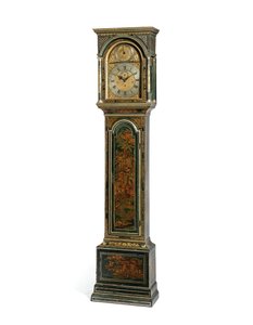 ジョージ3世の青い日本製の1-4拍子のロングケース・クロック、ヨーク、1760年頃（木と金属）（615808も参照 作： Henry Hindley