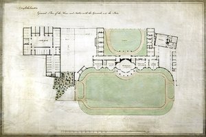 ブライトヘルムストーン（ブライトン・パビリオン） - 建築家ヘンリー・ホランド（1745-1806）による増築部分を示す、家と厩舎、敷地の全体図、1801年頃（紙に水彩画 作： Henry Holland