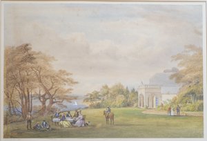 ボーンヒルコテージのドラモンド家、1858年（紙にトイレ） 作： Henry Holland