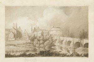 バートンアポントレントブリッジアンドタウン：セピア画、ND [c 1840] 作： Henry James Noyes