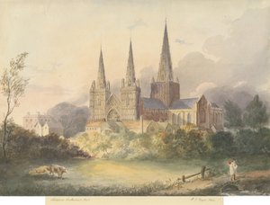 リッチフィールド大聖堂-ウェストビュー：水彩画、1844 作： Henry James Noyes