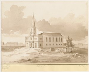 ウォルバーハンプトン-聖ジョージ教会：セピア色のウォッシュの描画、1844 作： Henry James Noyes