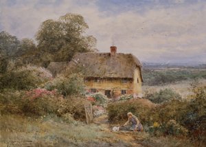 絵のように美しいコテージ、ウォリックシャー (鉛筆と水彩) 作： Henry John Sylvester Stannard