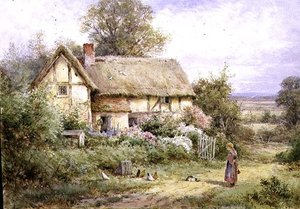 おばあちゃんのペットに餌をやる (紙に水彩とガッシュ) 作： Henry John Sylvester Stannard