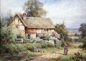 おばあちゃんのペットに餌をやる (紙に水彩) 作： Henry John Sylvester Stannard