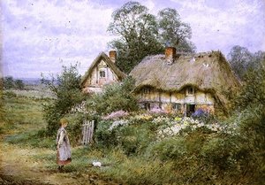 白い子猫に餌をやる (紙に水彩とガッシュ) 作： Henry John Sylvester Stannard