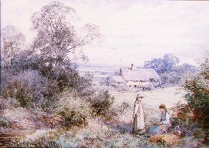 牧草地で遊ぶ 2 人の若い女の子 作： Henry John Sylvester Stannard
