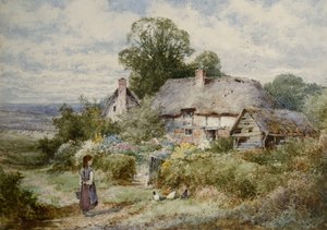 コテージの外で鶏に餌をやる少女 作： Henry John Sylvester Stannard
