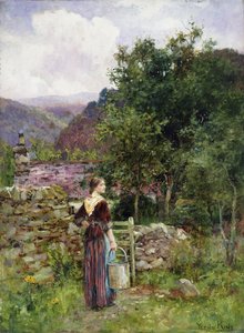 バケツを持ってコテージの外に立っている少女 作： Henry John Yeend King