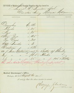 1864年8月30日、ヘンリー・ジョンソンの署名入り、医療・病院用品の請求書 作： Henry Johnson