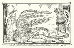 ベンスルダトゥ、七つの頭を持つ大蛇を襲う（彫刻 作： Henry Justice Ford