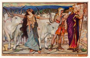 ビアスがイフィクラスの牛をネレウスに連れて行く（カラーリトグラフ 作： Henry Justice Ford