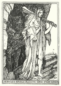 ヘラクレスがアルケスティスを黄泉の国から連れ戻す（リトグラフ 作： Henry Justice Ford