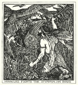 スティムファリアンの鳥と戦うヘラクレス（リトグラフ 作： Henry Justice Ford
