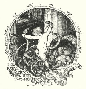 ヘラクレスの赤ちゃんが2匹の大蛇を絞め殺した方法（リトグラフ 作： Henry Justice Ford