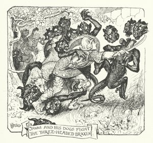 三つ首のドラケンと戦うヤンニとその犬たち（彫刻 作： Henry Justice Ford