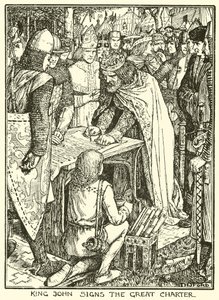 マグナ・カルタ。大憲章に署名するジョン王（版画 作： Henry Justice Ford