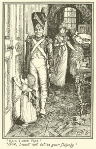 "Open I want Papa"（開いて、パパが欲しい）。"Sire, I must not Let in your Majesty" (刻印) 作： Henry Justice Ford