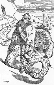 Percival fightint the serpent HJ Fordin (1860-1940) kuvitus teoksesta "The book of Romance" 1902 Yksityinen kokoelma