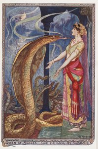 ヘビの女王、夫を返してください、アンドリューレイン作「オリーブの妖精の本」のイラスト、1907年