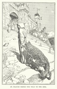 聖フランシスコがオオカミを連れてくる（リトグラフ 作： Henry Justice Ford