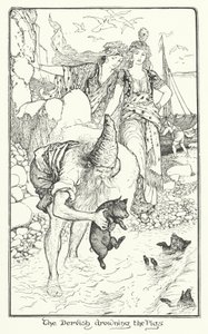 豚を溺れさせるダービッシュ（版画 作： Henry Justice Ford