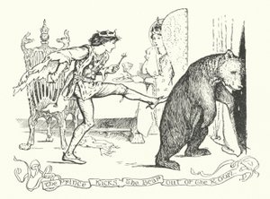 王子は熊を部屋の外に蹴り出す（エングレービング 作： Henry Justice Ford