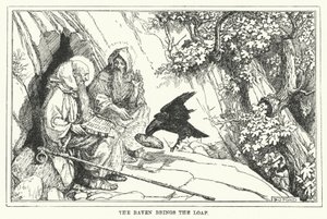 カラスがパンを持ってくる（リトグラフ 作： Henry Justice Ford