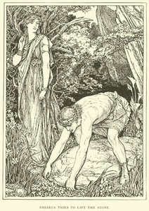 テセウスは石を持ち上げようとします 作： Henry Justice Ford