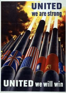 我々は強い。UNITED we will win（団結すれば勝てる）」第二次世界大戦のポスターに大砲が描かれている。 作： ヘンリー・コーナー