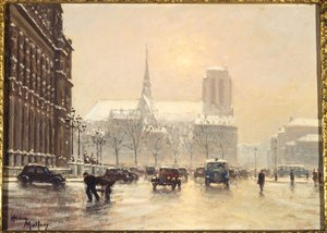 雪の日のオテル・ド・ヴィル広場から見たノートルダム寺院、1930年頃（木に油彩） 作： Henry Malfroy