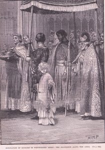ウェストミンスター寺院のリカード1世の戴冠式：西暦1189年の通路沿いの行列 作： Henry Marriott Paget