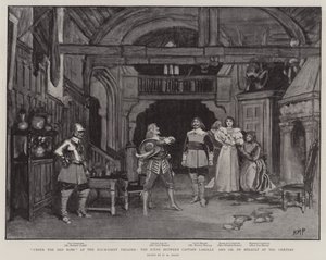 ヘイマーケットシアターの赤いローブの下、シャトーのラロル船長とギルドベロの間のシーン 作： Henry Marriott Paget