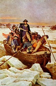 ジョージ・ワシントンがデラウェア川を渡る」、1776 年 12 月 25 日。ジョージ・ワシントン (1732 年 - 1799 年) がアメリカ陸軍の最高司令官だった 1775 年 - 1783 年 (アメリカ独立戦争) の出来事。 イラストc1912。