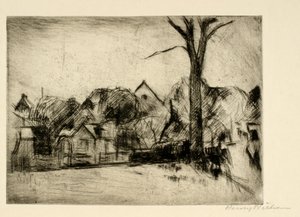 背の高い木と家のある風景 作： Henry Nielsen