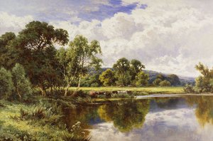 牛と森のある川の風景、 作： Henry Parker