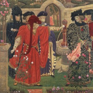 テンプル ガーデンで赤と白のバラを選ぶ、1910 年。 作： Henry Payne