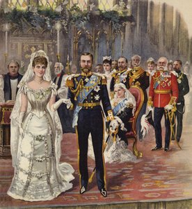 1893年7月6日、ロンドンのセントジェームズパレス、チャペルロイヤル、メアリー王女とコーンウォール公爵とヨークの結婚（クロモリト） 作： Henry Payne