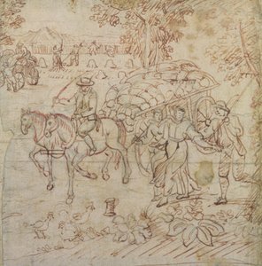 収穫機が家に帰る風景、c.1595-1605（紙にペンと茶色のインク） 作： Henry Peacham