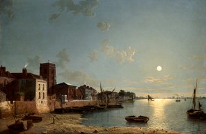 「ムーンライトによるチェルシーのチェーンウォーク」、c1850 作： Henry Pether