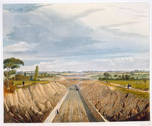 「リバプールの近く、マンチェスターの方を見る」、リバプール・アンド・マンチェスター鉄道、1833 作： Henry Pyall