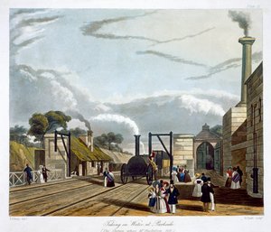 「パークサイドで水を飲む」、リバプール・アンド・マンチェスター鉄道、1833 作： Henry Pyall