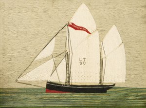 1883年にブリックスハム（イギリス）で建造されたトロール船「Forget Me Not」。1909年以前、ヘンリー・ロバート・フィッシャー()による羊毛刺繍。