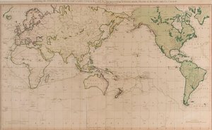 ジェームズ・クック船長がこの航海とその前の2回の航海で発見したことを、彼の指揮下にあった船の軌跡とともに示した海図。海軍ロバーツ中尉著 作： Henry Roberts